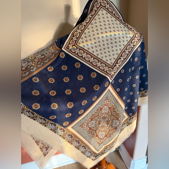 Art of the Scarf the Rack Accessories - Art of the Scarf the Rack Navy Blue Beige patchwork scarf 45x46” Italy